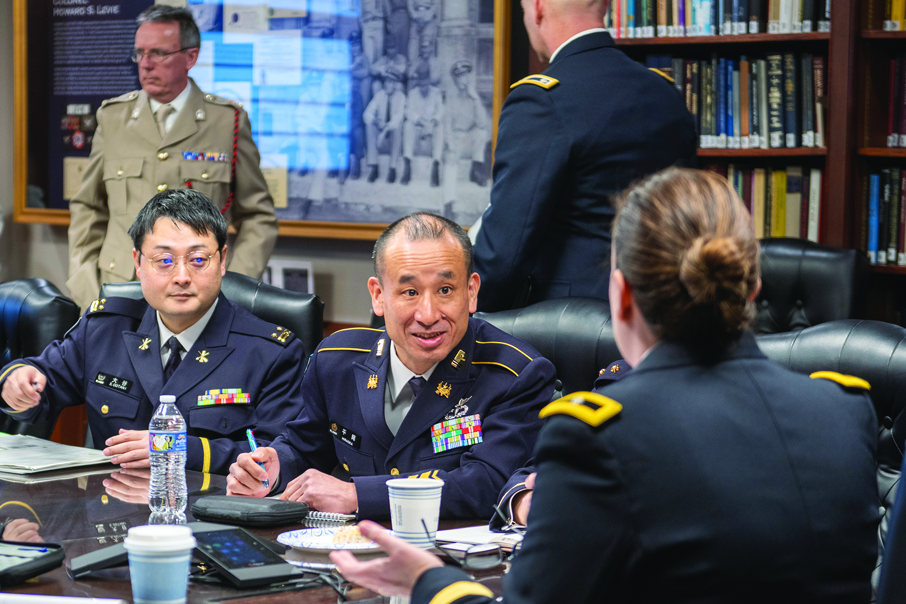BG Alison C. Martin (right) meets with members of the Japanese delegation during their visit to The Judge Advocate General’s Legal Center and School in Charlottesville, VA, on 15 February 2024. (Credit: Billie Suttles, TJAGLCS)